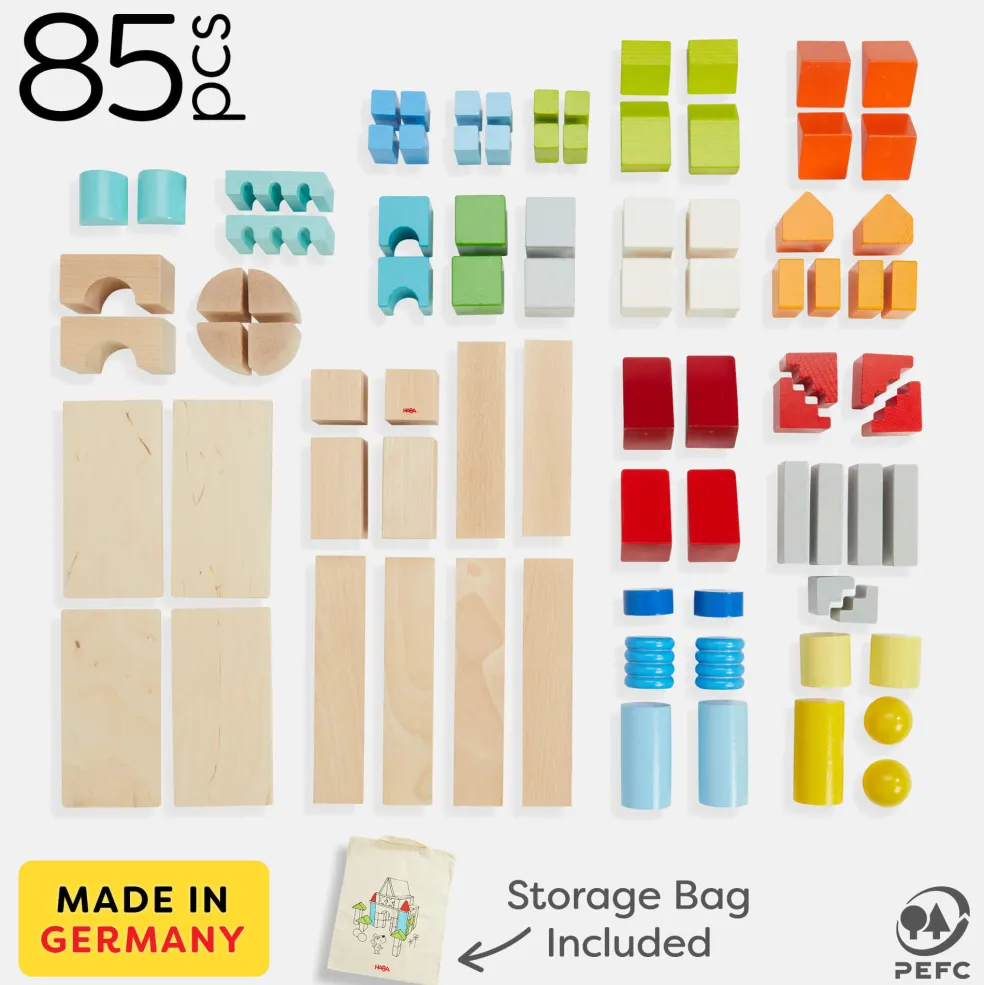 Colored Wooden Building Blocks - 85 Piece Set