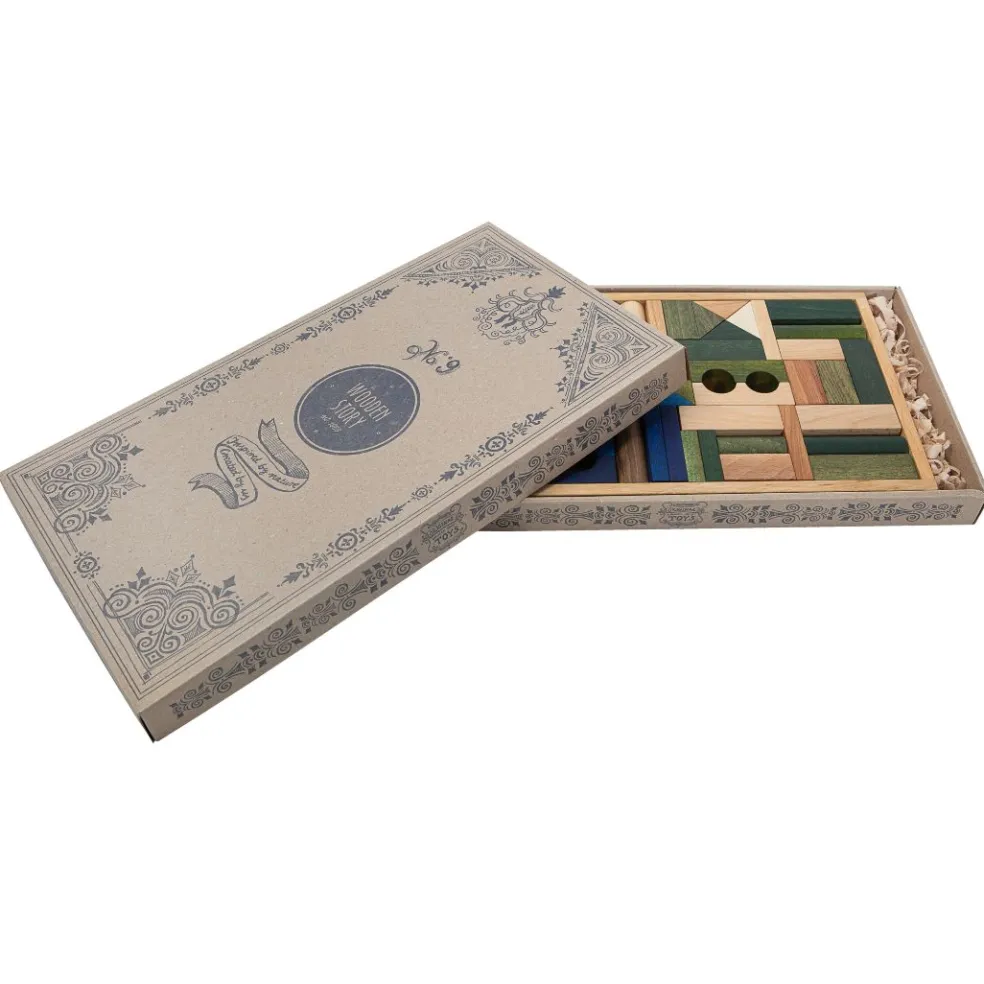 Cool Colored Wooden Block Set with Storage Tray - 54 Pieces