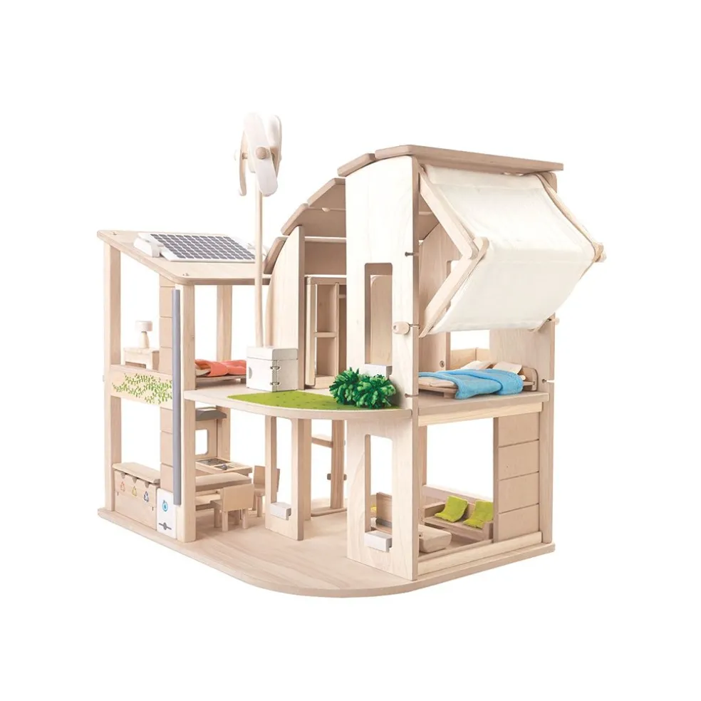 Green Wooden Dollhouse With Furniture