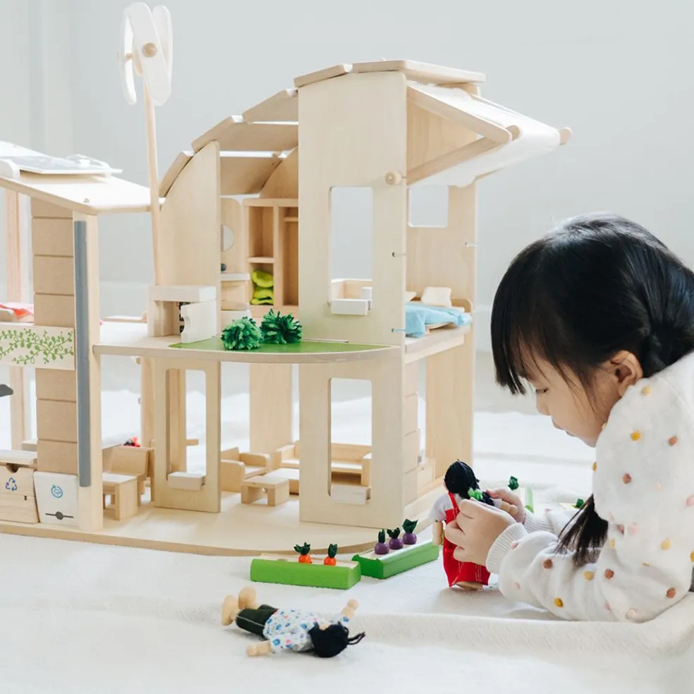 Green Wooden Dollhouse With Furniture