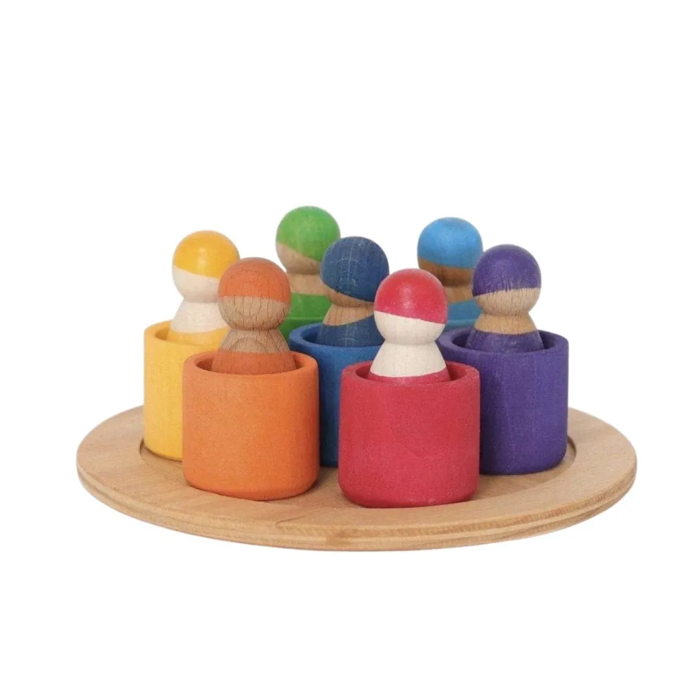 7 Rainbow Wooden Peg Dolls in Bowls