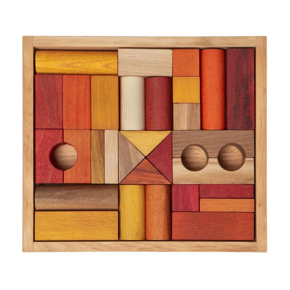 Warm Colored Wooden Block Set with Storage Tray - 30 Pieces