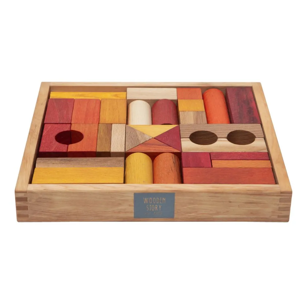 Warm Colored Wooden Block Set with Storage Tray - 30 Pieces
