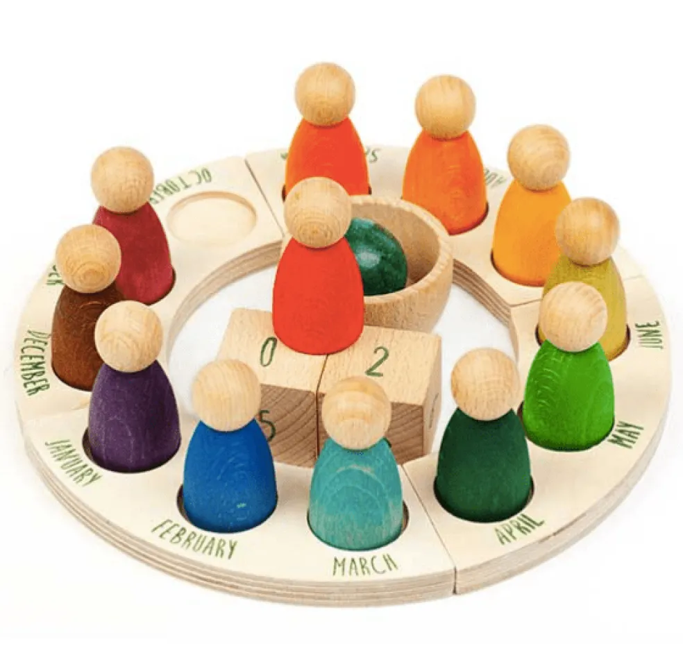 Wooden Rainbow Perpetual Calendar with Peg Figures