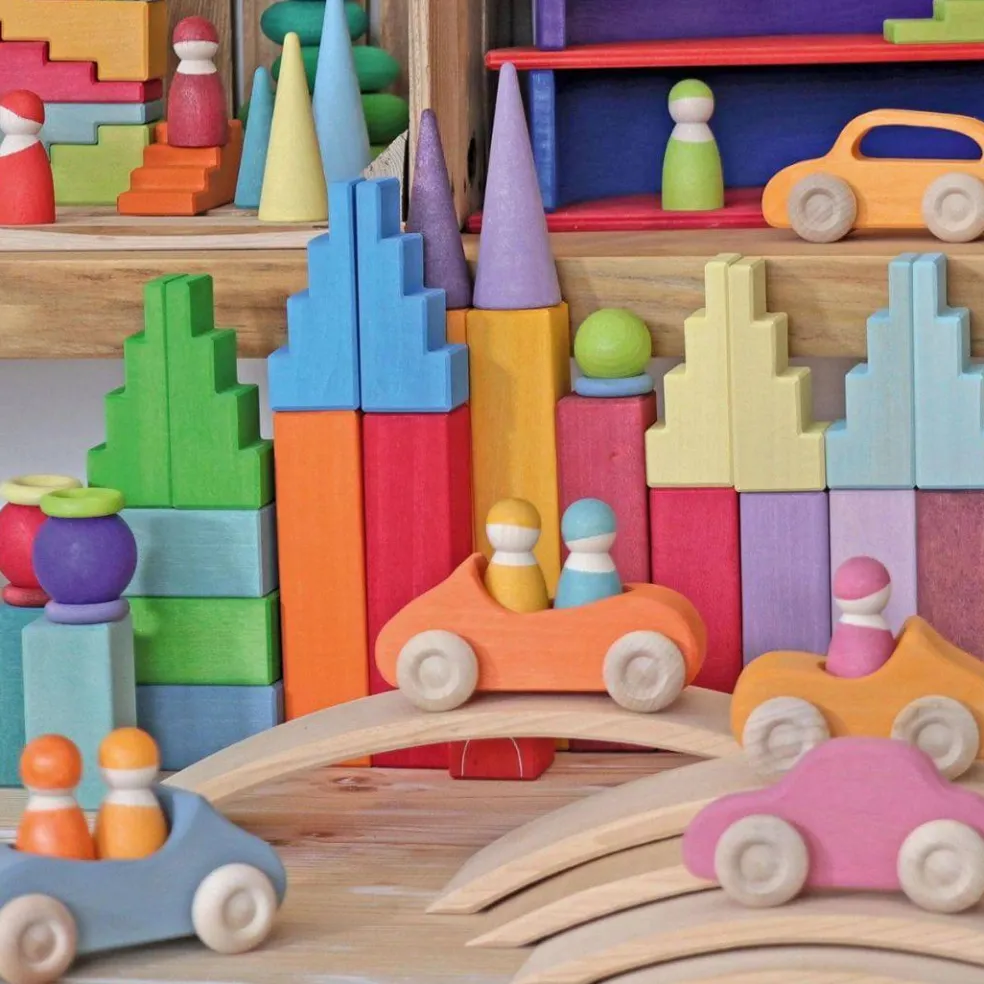Wooden Stepped Roofs Building Blocks Set - Pastel
