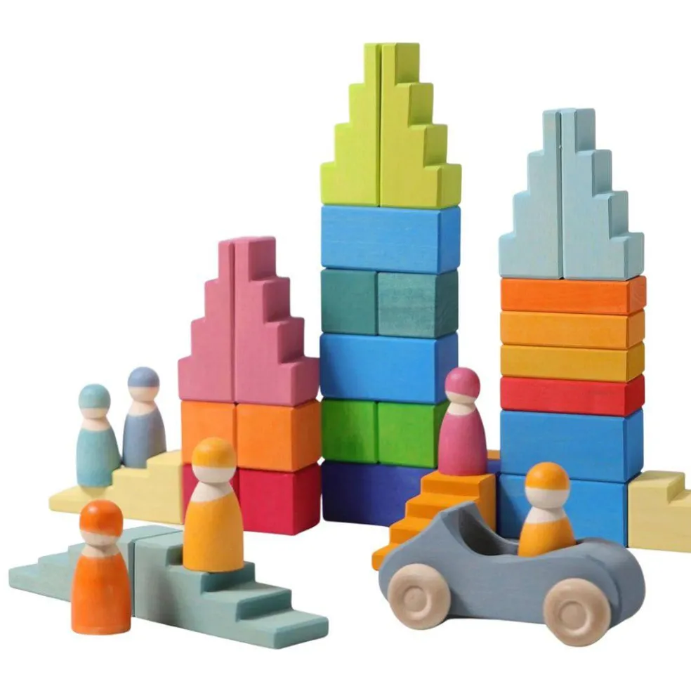Wooden Stepped Roofs Building Blocks Set - Pastel